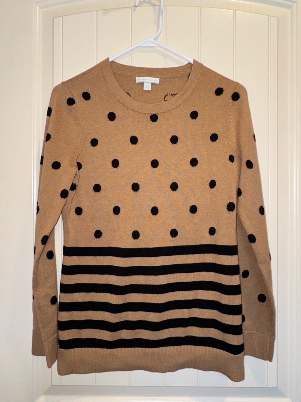 New York & Company Camel Sweater with Black Polka Dots and Stripes